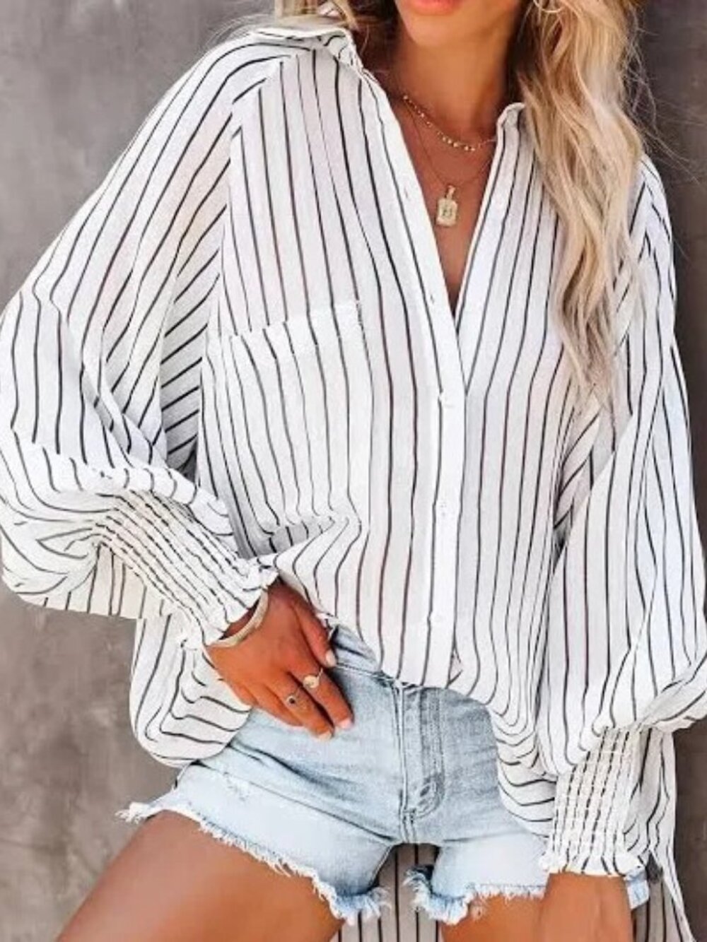 FLAWLESS Oversized Striped Puff Sleeve Smocked Cuff Blouse** Size Large